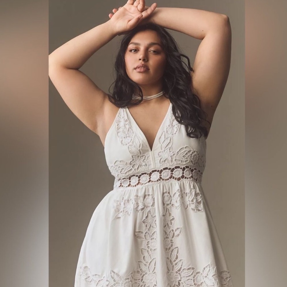 Anthropologie Vineet Bahl Sleeveless V-Neck Floral Cutwork Dress White 2X - Picture 2 of 10